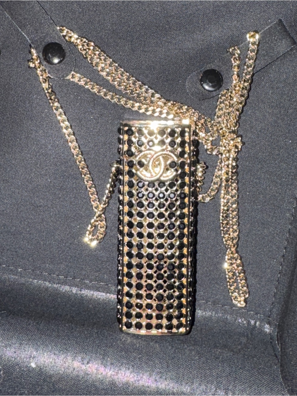 CHANEL Black and Gold Crystal Lipstick Pendant Necklace